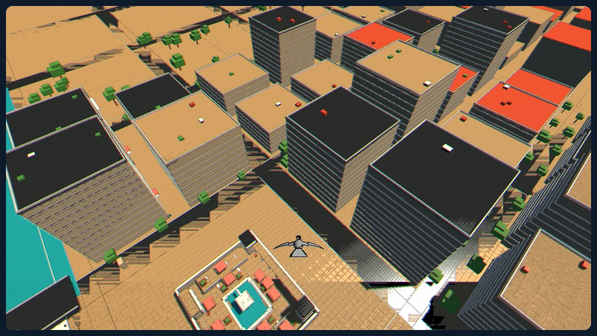 THE CITY seen from the air: the river, the street grid and the towers of a generated city.