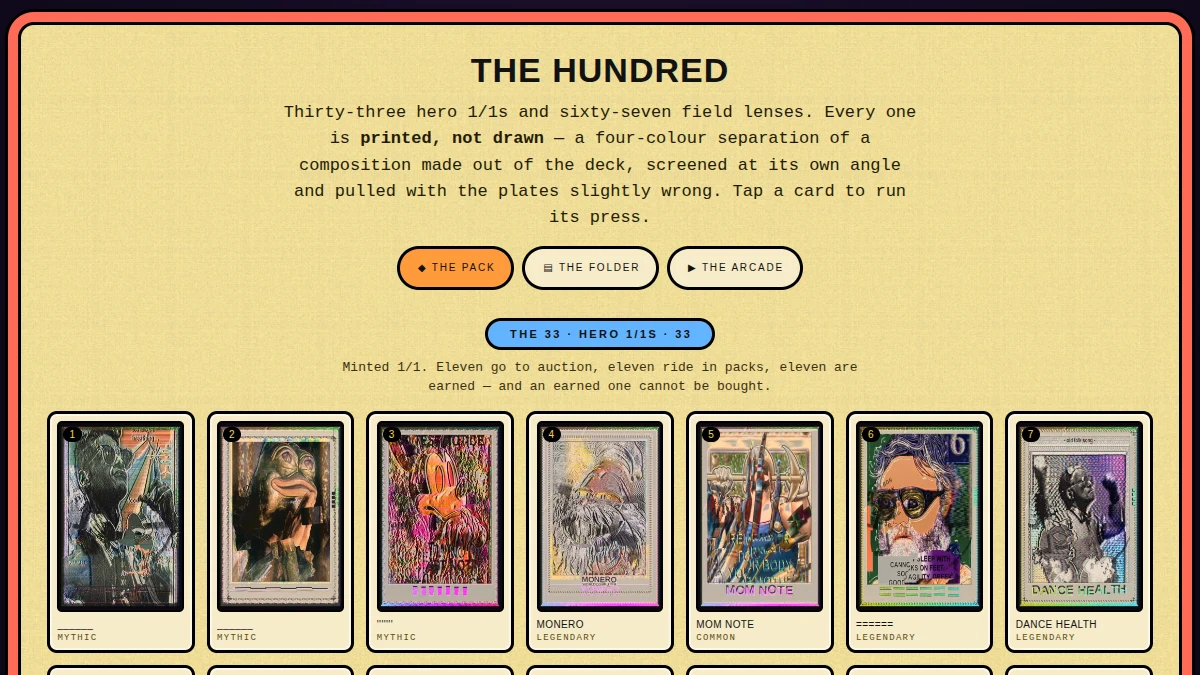 The deck browser: the hundred as a wall of cards, heroes and field cards banded apart.