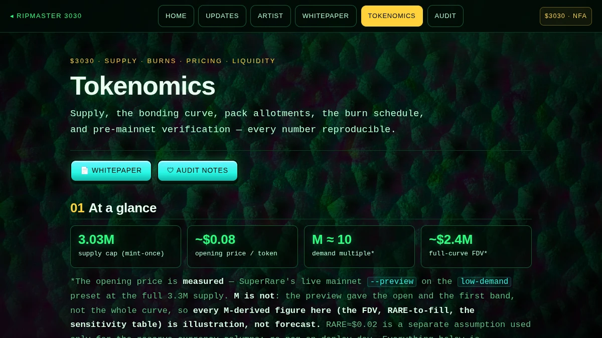The tokenomics page: supply, the burn, and where a pack's money goes.