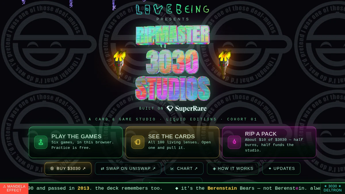 The ripmaster3030studios front page: the foil wordmark over three doors — play, the cards, rip a pack.